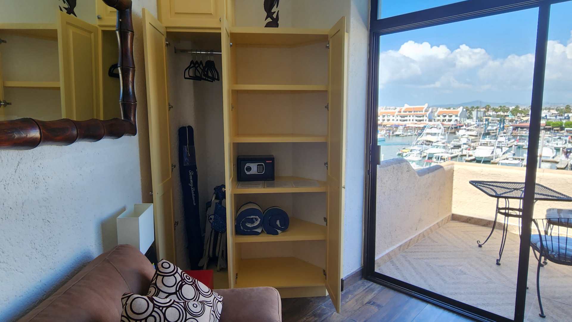 Clothes Closet with Safe, Beach Umbrella, Beach Chairs